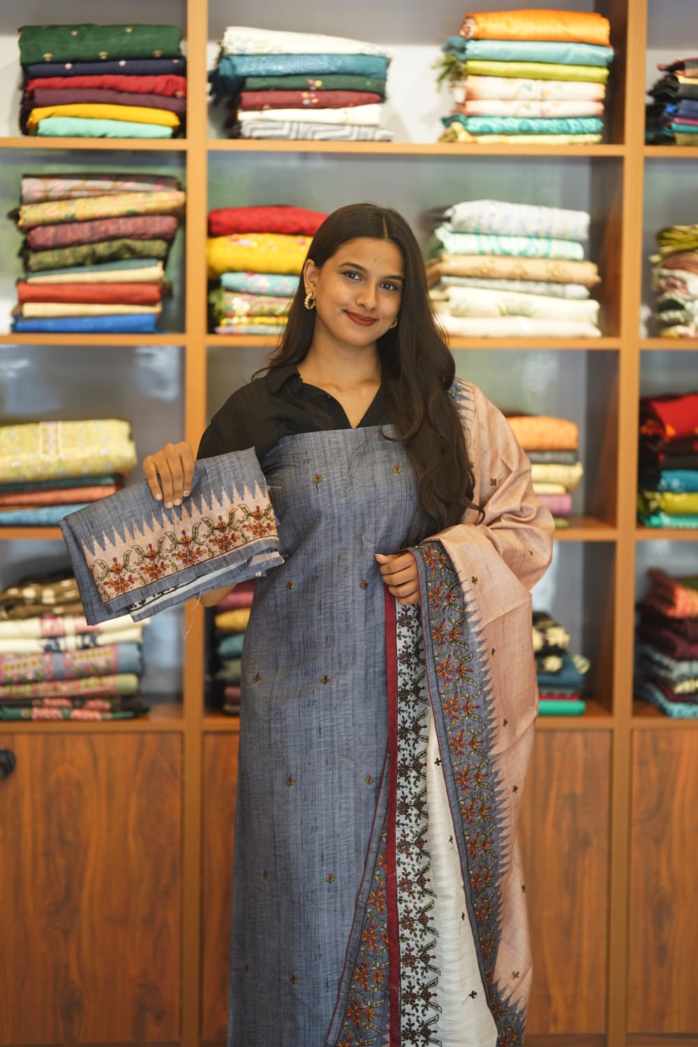 Khadi Jute with floral thread work salwar suite material
