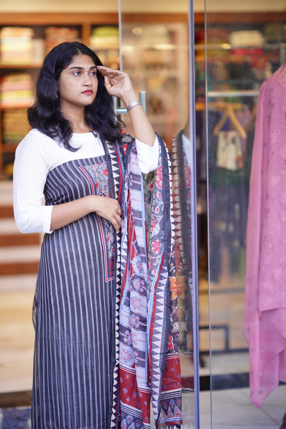 Georget Material With Vertical Stripes And Beeds Work