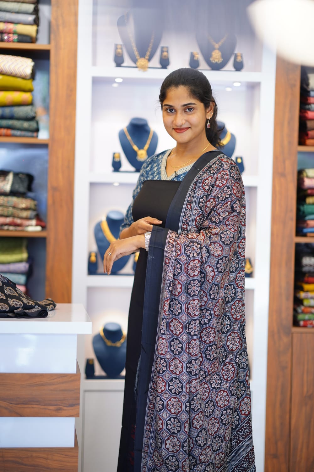 Pure Modal Silk Plain Top And Bottom  With  Ajrak print Duppatta