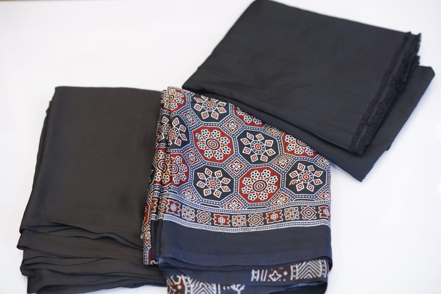 Pure Modal Silk Plain Top And Bottom  With  Ajrak print Duppatta