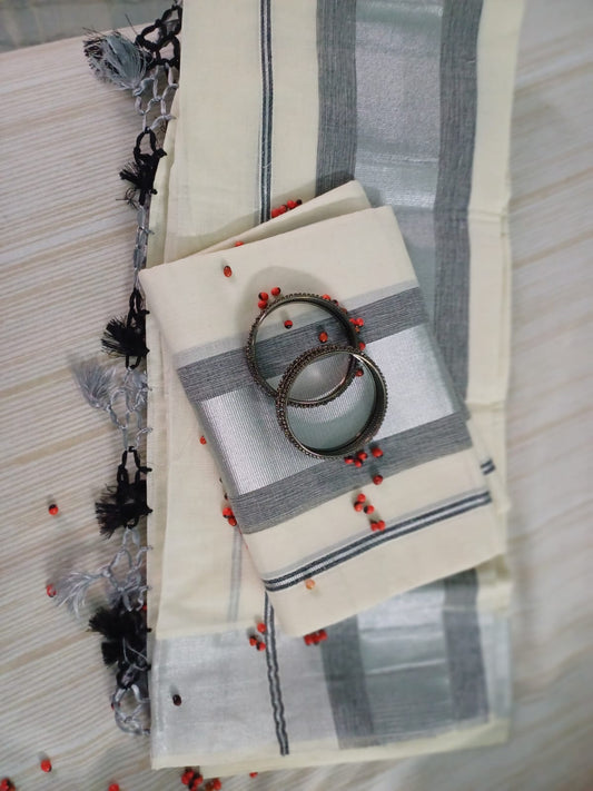 Silver black cotton  settu  mundu with  tassels