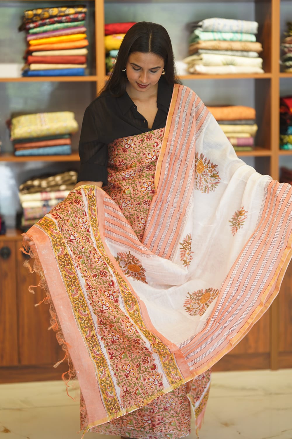 Pure Chanderi  Cotton  With Hand  Blocked Print And Chanderi  Silk  Duppatta