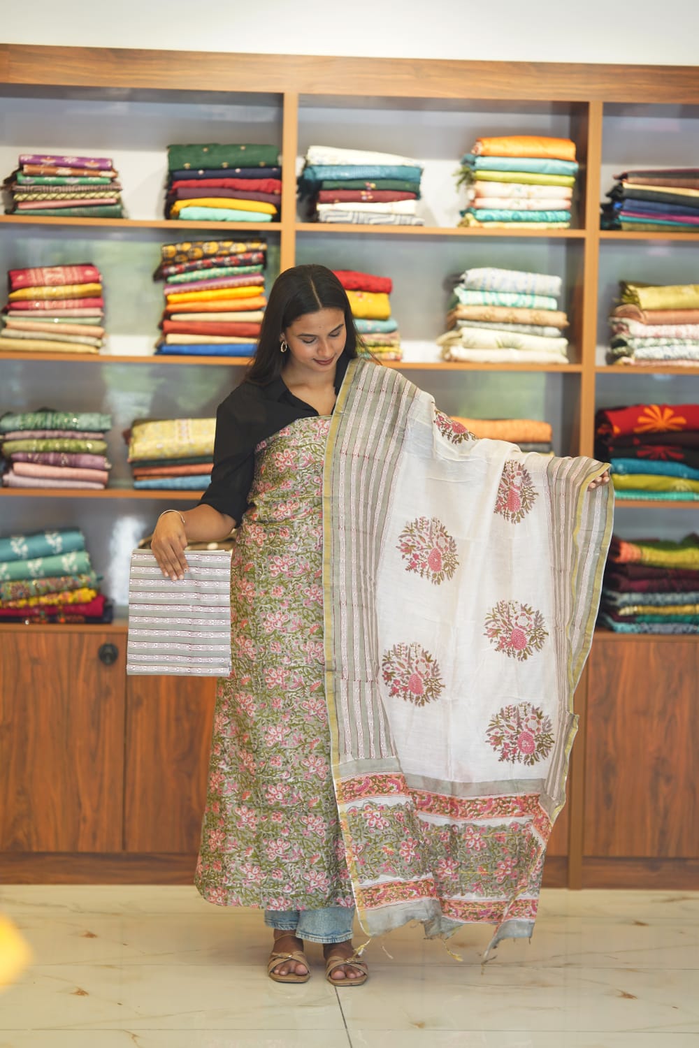 Pure Chanderi  Cotton  With Hand  Blocked Print And Chanderi  Silk  Duppatta